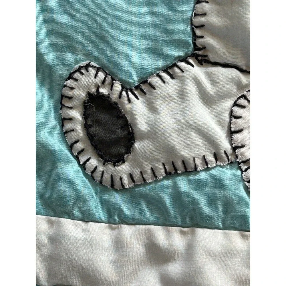 Handmade White with Blue Teddy Bear Hand Quilted Baby Toddler Blanket 50 X 39